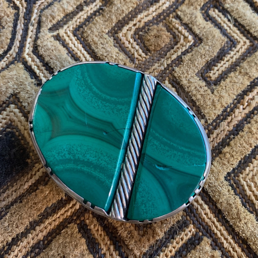 Malachite belt buckle  sterling silver.